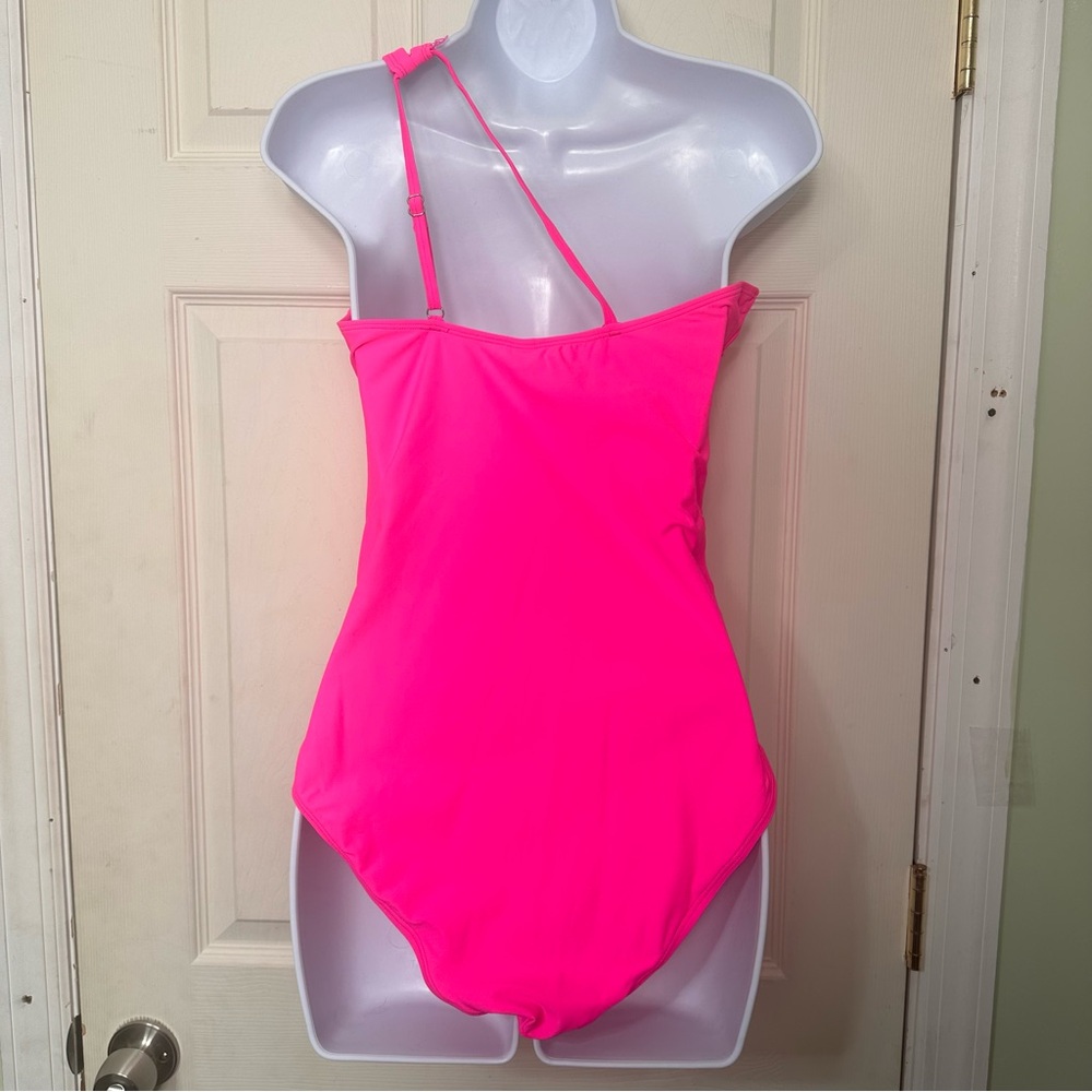 NWT Holipick Ruched Keyhole One Shoulder Ruched One Piece Neon Pink Size Large - Picture 4 of 9